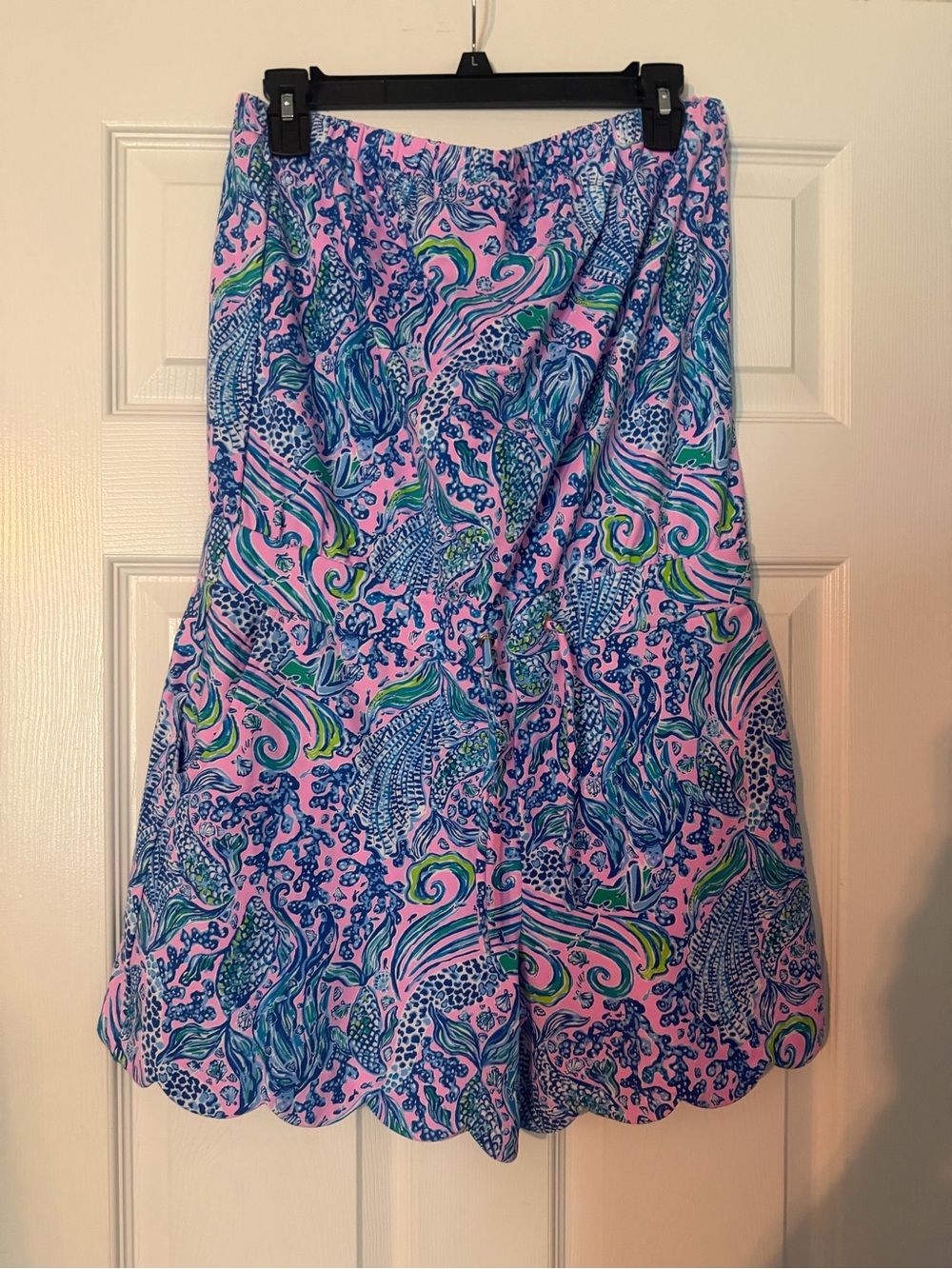 Pink Tropical Print Scalloped Hem Women's Romper